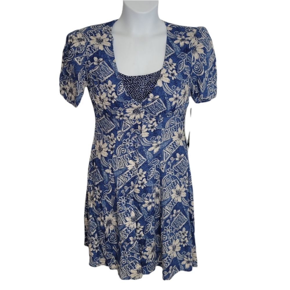 NEW VINTAGE 90s dress blue‎ floral polka dot button up mini S